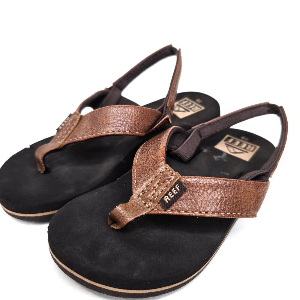 REEF boys Little Twinpin Flip-Flop Brown Leather Sling Back